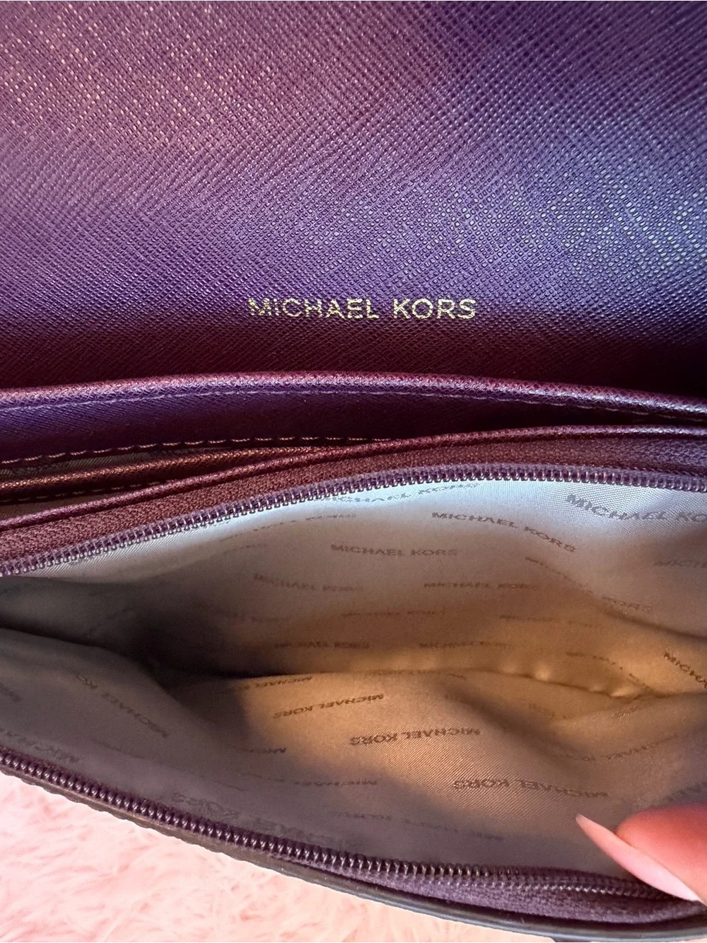 Michael Kors Plum Leather Shoulder Bag with Matching Wallet crossbody gold chain